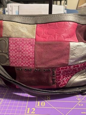 Coach Pink Multi Patchwork Leather & Suede Shoulder Bag w/Silver Leather Trim